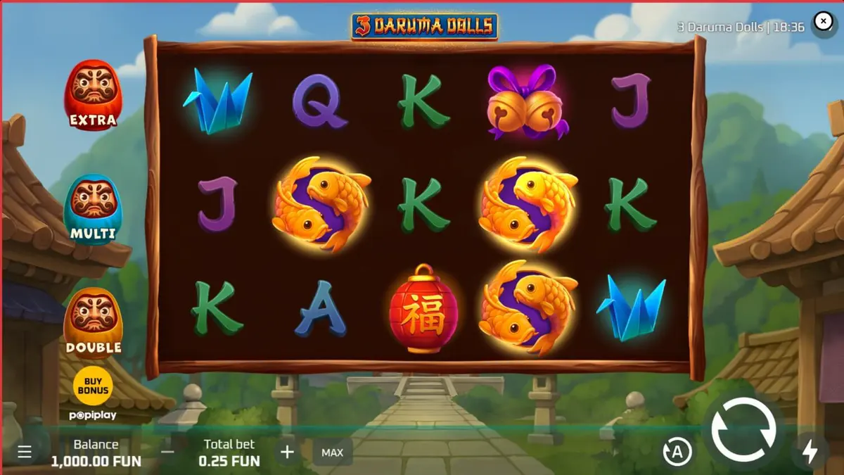 3 Daruma Dolls slot machine interface na may temang Hapon