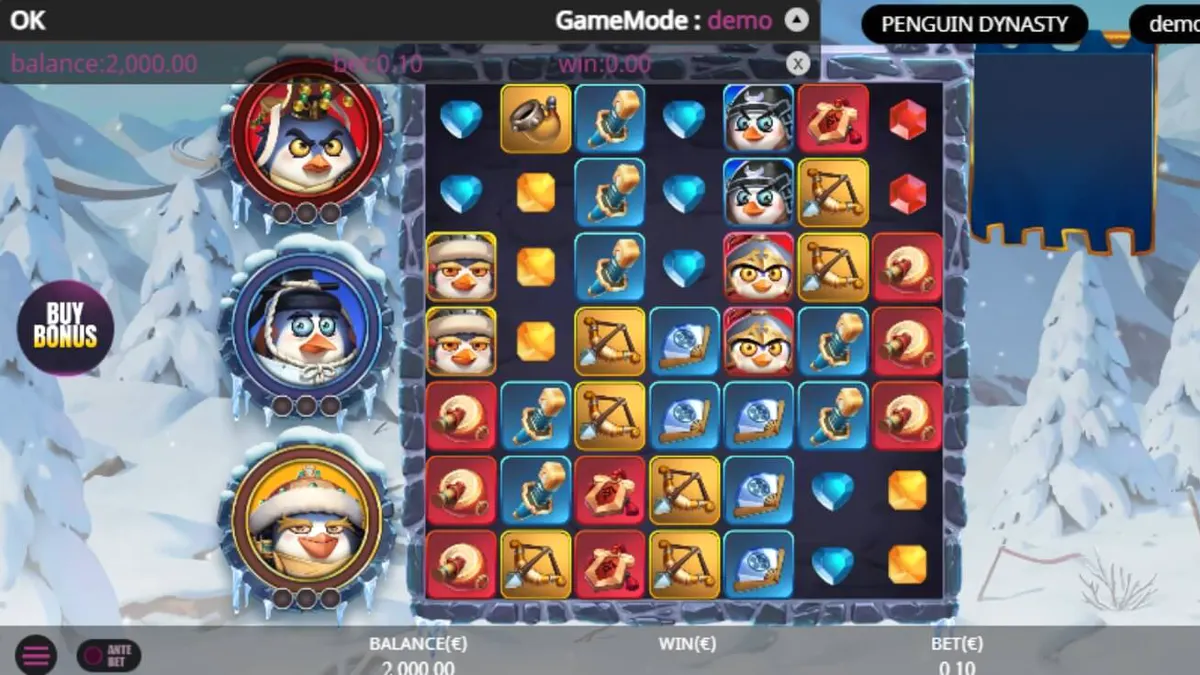 Penguin Dynasty slot game interface na nagpapakita ng mga tribal penguin warriors